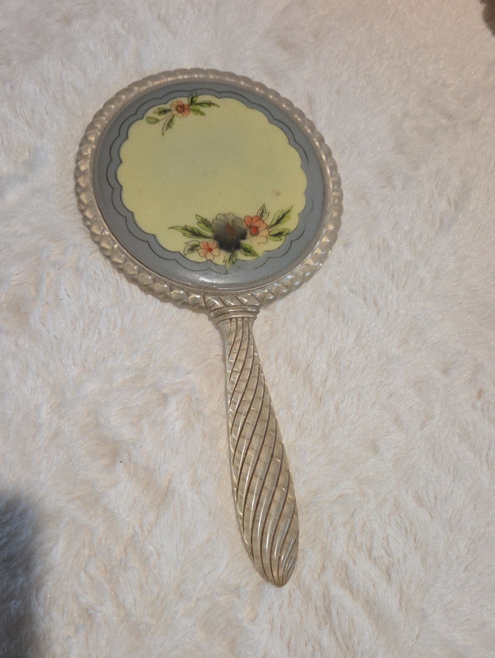 Vintage Floral Hand Mirror in Cream and Silver